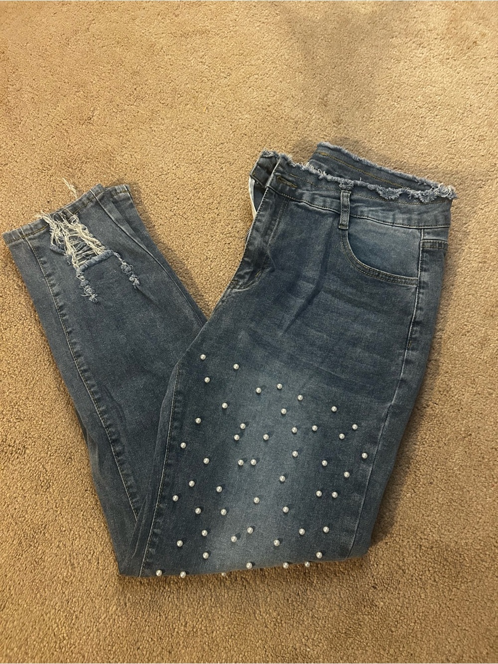 SHEIN Blue Pearl-Embellished Skinny Jeans